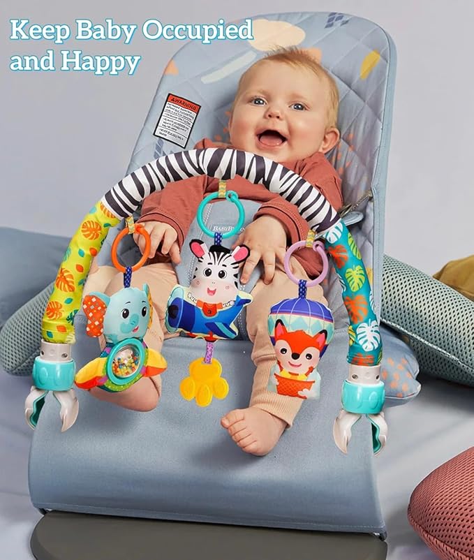 Baby Stroller Arch Mobile With Universal Clamps - Clip-On Activity Bar for Bassinet, Bouncer, Crib, Car Seat - Musical Infant Toys With Elephant Squeaker and Zebra Rattle-CubbioJoy