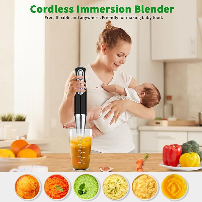 Cordless Immersion Blender Handheld, Rechargeable 4 In 1 Electric Hand Blender Stick Blender Variable Speed with Chopper, Beaker, Whisk, Stainless Steel Blade for Soup, Baby Food, Smoothies-CubbioJoy