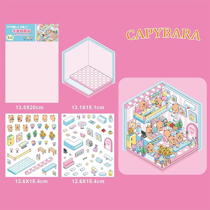 4 Sets DIY 3D House Stickers,Make Your Own Warm Home,Fun Cute Cartoon Stickers Scene Make Your Own Mini Room Scenes Miniature Supermarket for Relief Stress Pass The Time-CubbioJoy