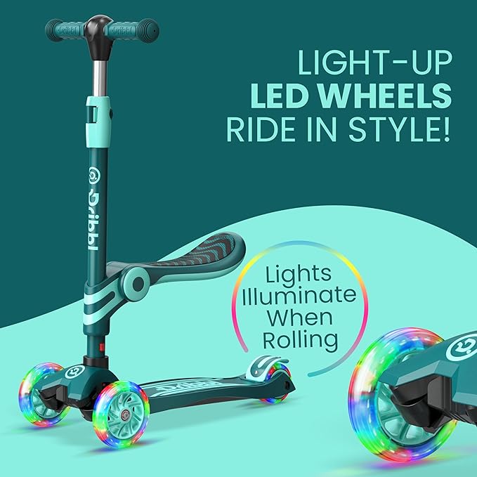 Aqua 3 Wheel Scooter with Seat for Kids – Light-Up LED Wheels, Adjustable Handlebar and Seat, Smooth PU Wheels, Wide Anti-Slip Deck, Rear Foot Brake – Toddler Outdoor Toys for Ages 2+-CubbioJoy