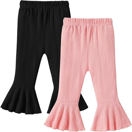 2 Pack Toddler Baby Girl Pants Flare Leggings Ribbed Knit Newborn Bell Bottoms Solid Ruffle Infant Pants for Girls-CubbioJoy