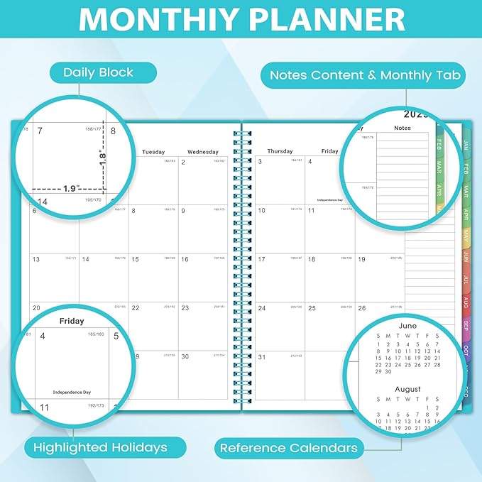 2026 Monthly Planner - JUL 2025 - DEC 2026, Academic Planner 2026, 18 Monthly Calendar with Colorful Tabs, Waterproof Cover (Blue, 8" x10", Notes)-CubbioJoy