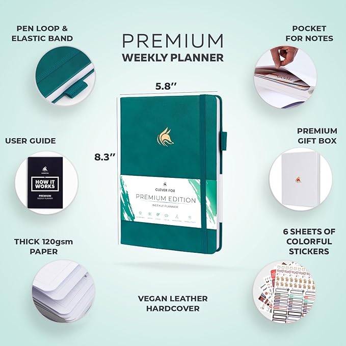 Clever Fox Planner Premium Edition – Undated Luxurious Weekly & Monthly Planner to Increase Productivity and Hit Your Goals – Organizer – Start Anytime, A5, Lasts 1 Year, Dark Teal (Weekly)-CubbioJoy