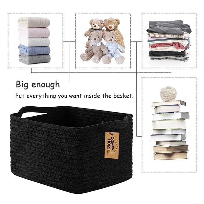 COMFY-HOMI 3PACK Cotton Rope Woven Basket With Handles for Shelves, Toy, Book, Cloth Storage Basket for Organizing|13.5" x 11" x 9.5" Decorative Nursery Cube Bin for Living Room（all Black）-CubbioJoy
