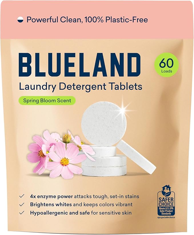 BLUELAND Laundry Detergent Tablets, 60 Count, Spring Bloom Scent, Plastic-Free Eco-Friendly Pods, Sheets, Liquid Alternative - Safe for Sensitive Skin, Gentle-CubbioJoy