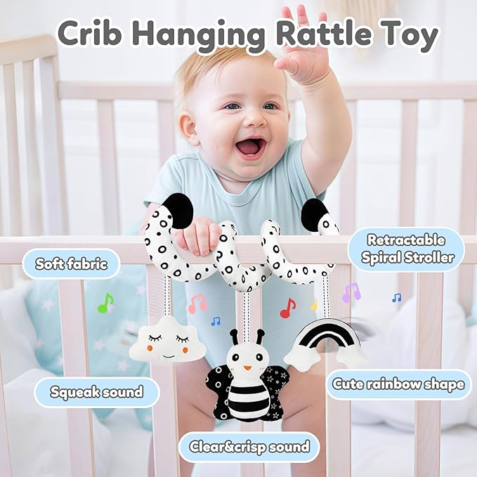 Car Seat Toy,Stroller Toys,Car Seat Toys for Babies 0-6 months Boy Girl,Spiral Hanging Stroller Black and White High Contrast Sensory Toy Newborn Plush Activity Toys Thank You Gifts for 0 3 6 9 Months-CubbioJoy