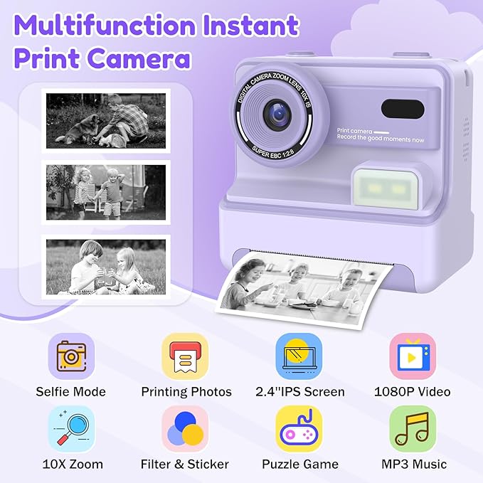 Instant Camera, Instant Print Camera for Kids with 1080P Videos, Front Rear Dual Selfie, 3 Rolls Print Paper & 32GB SD Cards, Christmas Birthday Gifts for Girls Age 3-12-CubbioJoy