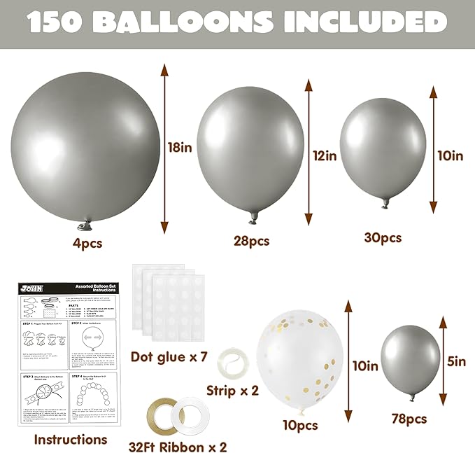 JOYIN 150 Pcs Metallic Silver Balloons, Different Sizes 18 12 10 5 Inch Silver Latex Balloon Arch Kit with Instruction for Birthday Party Graduation Wedding Holiday Decoration-CubbioJoy