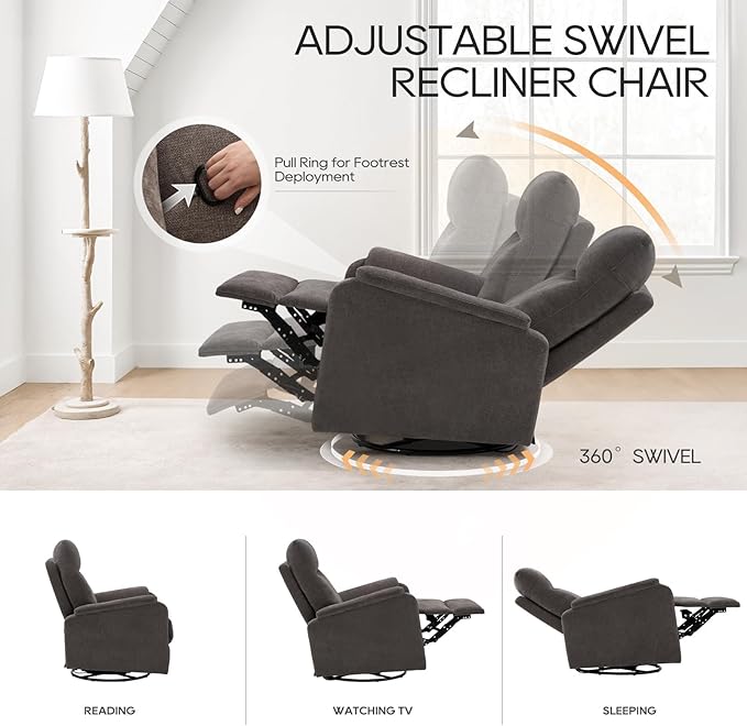 COLAMY Swivel Recliner Chair with Footrest, Strong Glide Chair High Back with Double-Layer Cushion, Rocker Recliner for Nursery & Living Room, Bedroom, Charcoal-CubbioJoy