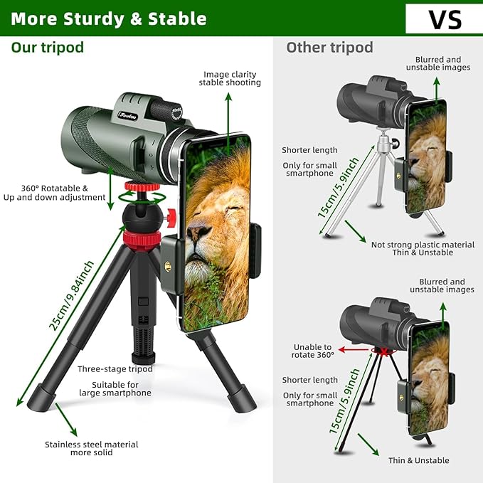 40X60 Monocular Telescope with Smartphone Holder& Tripod, High Power Nitrogen-Filled Monocular for Adults with BAK4 Prism & FMC Lens, HD Monocular Scope for Birdwatching Hiking Concert Travelling-CubbioJoy