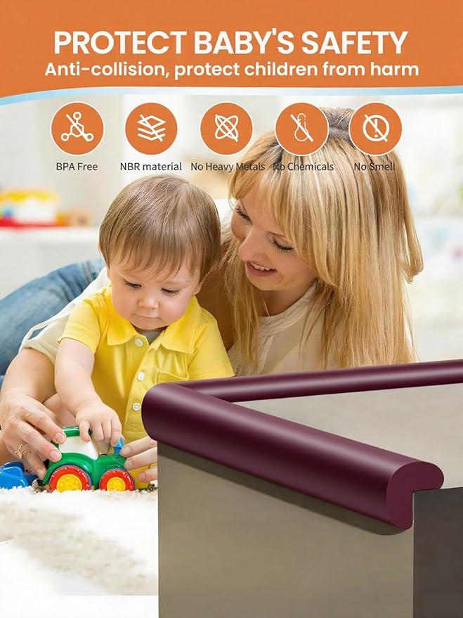 Baby Proof Edge Corner Protector, 6.56FT 0.47''Th L-Shape Furniture Corner & Edge Safety Bumpers with 6 Corners, Pre-Taped, Soft NBR Rubber Foam Desk Edge Cushion Wall Corner Protector（Brown）-CubbioJoy