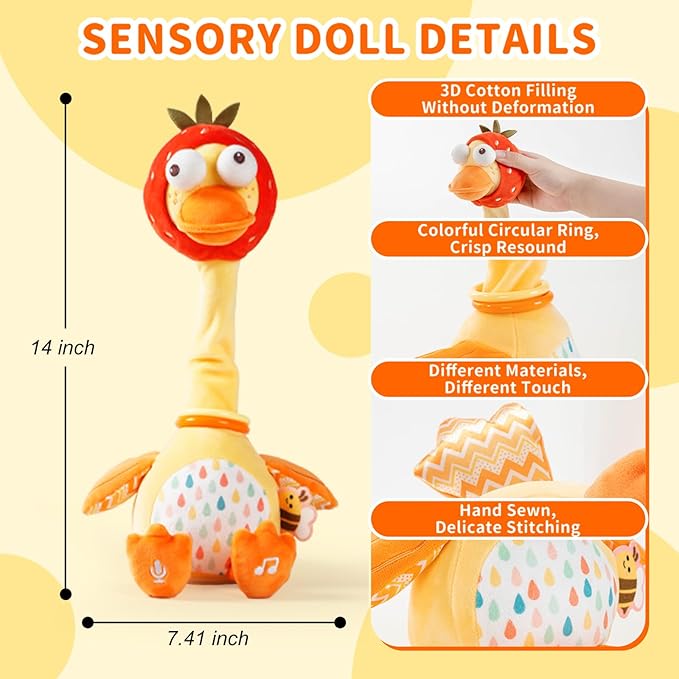 Jollybaby Plush Talking Singing Dancing Musical Strawberry Duck Toy for Toddlers 1-3 Just Like Cactus Toy, Music Mimicking Interactive Toys for Crawling Kids, Sensory Gift for Baby 0-6-12 Month-CubbioJoy