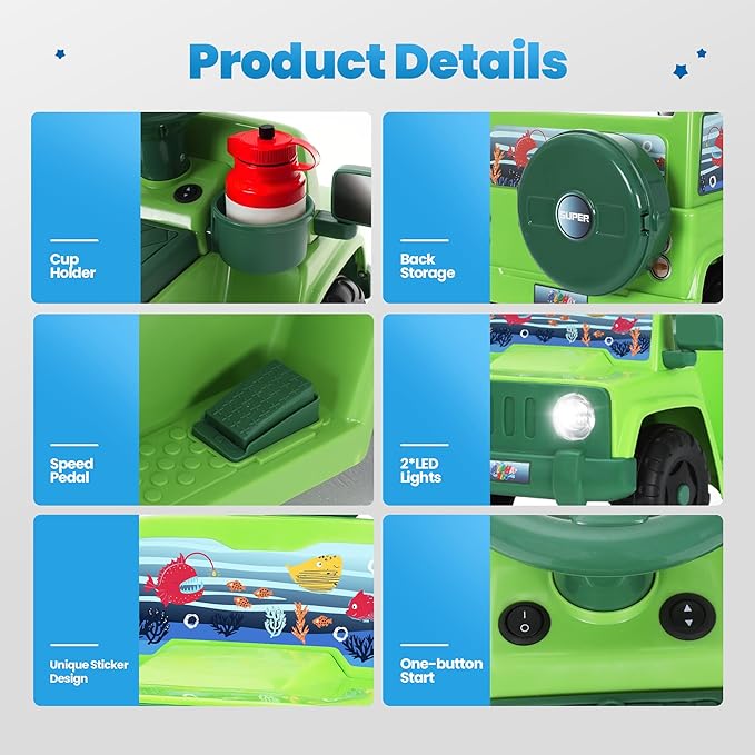 6V Toddler Ride On Car Interactive Electric Car with Horn LED Front Light Rear Storage Ocean Theme Perfect for Boys & Girls 18+ Months Safe & Fun for Little Explorers(Green Ocean)-CubbioJoy