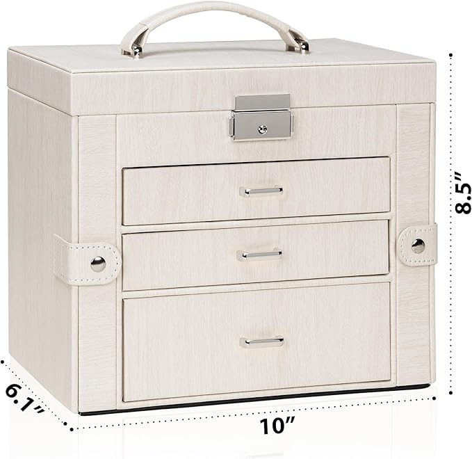 AKOZLIN 4-Tier Jewelry Box Lockable Leather Jewelry Storage Case Organizer with 3 Drawers for Women Girls Ring Necklace Earring Bracelet Watches Holder with Mirror-CubbioJoy