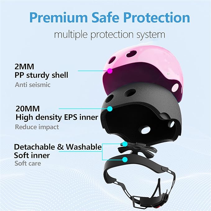 Kids Bike Helmet with Knee Elbow Wrist Pads Guards,Pink,for Ages 2-3-5-8-14,Sports Bicycle,Skate Scooter,Rollerblading with Unicorn Sticker-CubbioJoy