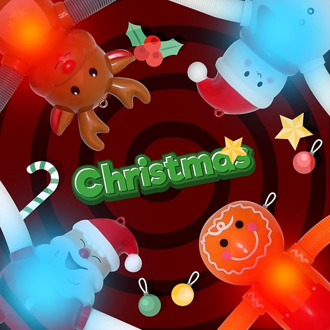 Christmas LED Pop Tubes Light Up 4 Pcs Sensory Fidget Toys, Telescopic Suction Cup Santa Toys Autism Christmas Party Favors Game Prizes Goody Bags Stocking Stuffers Treats for Kids 3+ (Christmas)-CubbioJoy