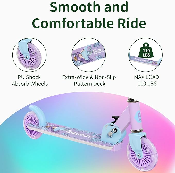 BELEEV V2 Scooters for Kids with Light-Up Wheels & Stem & Deck, 2 Wheel Folding Scooter for Girls Boys, 3 Adjustable Height, Non-Slip Pattern Deck, Lightweight Kick Scooter for Children Ages 3-12-CubbioJoy