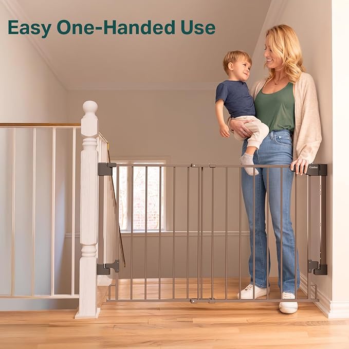 Cumbor 29.2-43" No Bottom Bar Baby Gate for Stairs, 2-in-1 Hardware Mounted Dog Gate Indoor, Pet Gate for Doorways with Large Walk Thru Door, Child-Proof Safety Gate for Top & Bottom of Stairs (Brown)-CubbioJoy