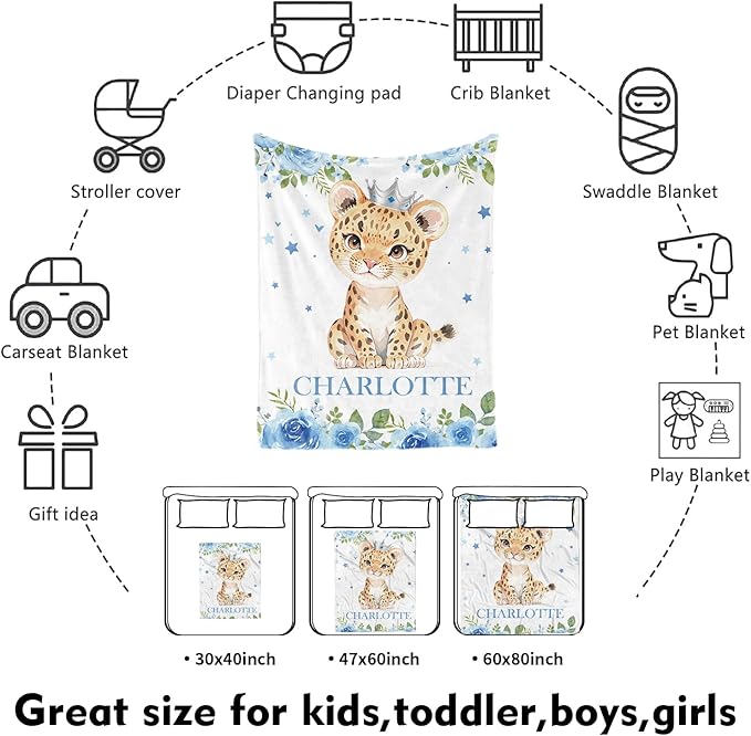 Custom Nursery Crib Bedding Set: Personalized Name 4 Piece Blue Floral Leopard Design Baby Crib Sets for Baby Girls - Toddler Double Layer Blanket Set, Comfortable Crib Bed Sheets for Baby Toddlers-CubbioJoy