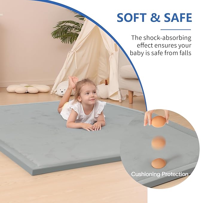 Baby Play Mat for Floor,1.3" Thick Elasti-Foam 50x50 Playpen Mat for Toddlers Infant Kids,Water-Repellent Soft Coral Velvet Tummy Time Mat,Non Slip Crawling Mat,Tatami Mat(Light Grey)-CubbioJoy
