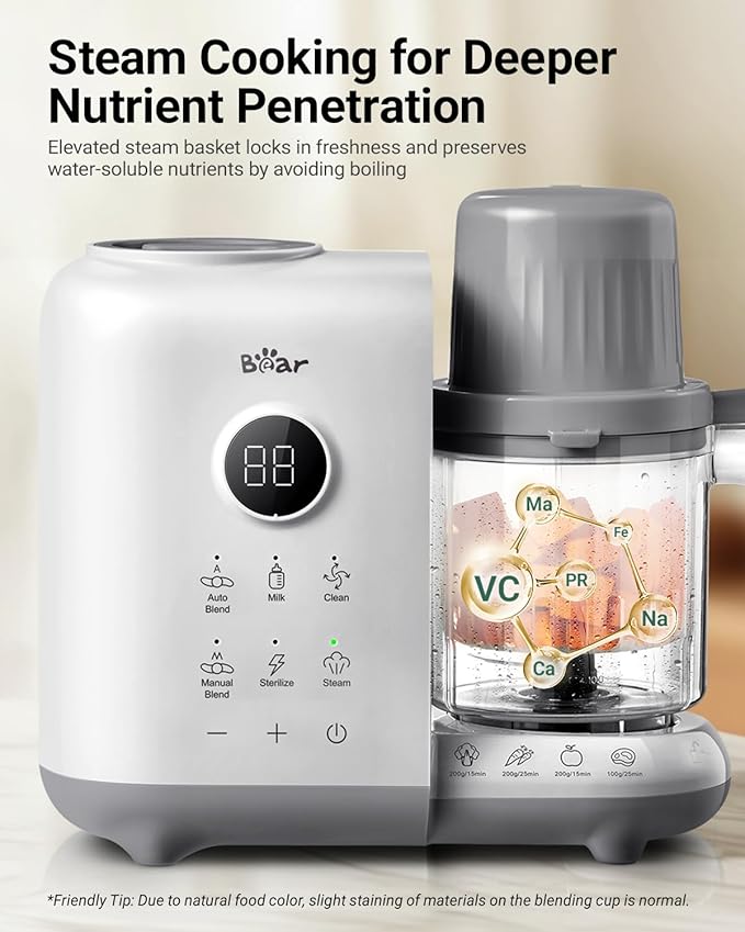 Bear Baby Food Maker with Two Layer Steam Baskets, Multifunction Baby Food Processor Steamer Puree Blender, Baby Food Mill with Bottle Warming Sterili-zing Auto Cleaning Function, BPA-Free, White-CubbioJoy
