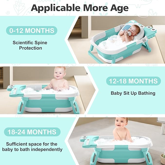 Collapsible Baby Bathtub for Newborn with Thermometer & 1 Soft Floating Cushion & Drain Hole, Foldable & Portable Travel Baby Bath Tub for Newborns to Toddlers 0-36 Months Boys, Cyan-CubbioJoy