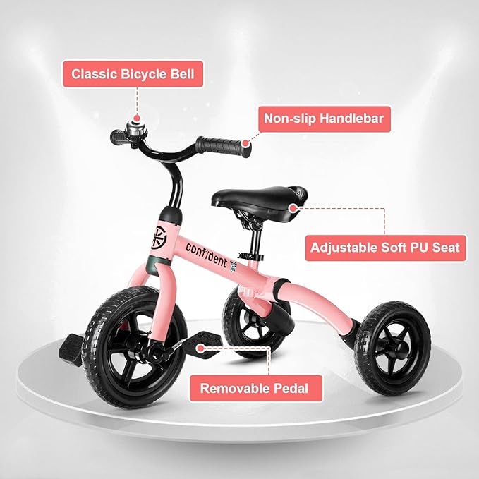 Ancaixin 3 in 1 Toddler Tricycles for 2-5 Years Old Boys and Girls with Detachable Pedal and Bell, Foldable Baby Balance Bike Riding Toys for 2+ Kids, Child Birthday Christmas New Year Gift Pink-CubbioJoy