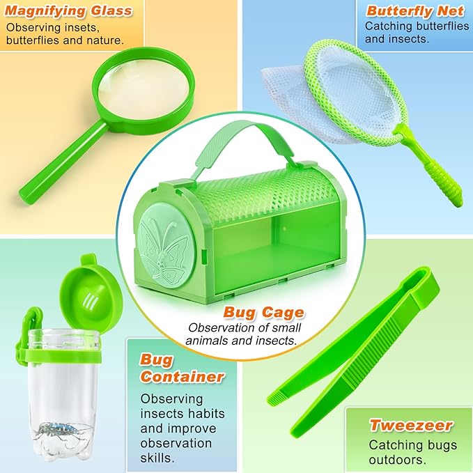 Bug Catcher Kit & Outdoor Explorer Kit for Kids, 10 Pcs Bug Catching Kit with Toy Cage, Backpack, Flashlight, Manifying Glass, Toy Net, Outdoor Exploration Toys Gift for Boys Girls 3-12-CubbioJoy