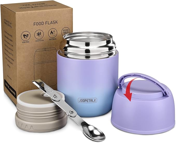 17 oz Insulated Lunch Containers Hot Food Jar, Wide Mouth Lunch Thermo for Hot Food Kids Adults, Vacuum Stainless Steel Thermo Lunch Box With Handle Folding Spoon for School, Office(Purple blue)-CubbioJoy