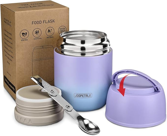 17 oz Insulated Lunch Containers Hot Food Jar, Wide Mouth Lunch Thermo for Hot Food Kids Adults, Vacuum Stainless Steel Thermo Lunch Box With Handle Folding Spoon for School, Office(Purple blue)-CubbioJoy