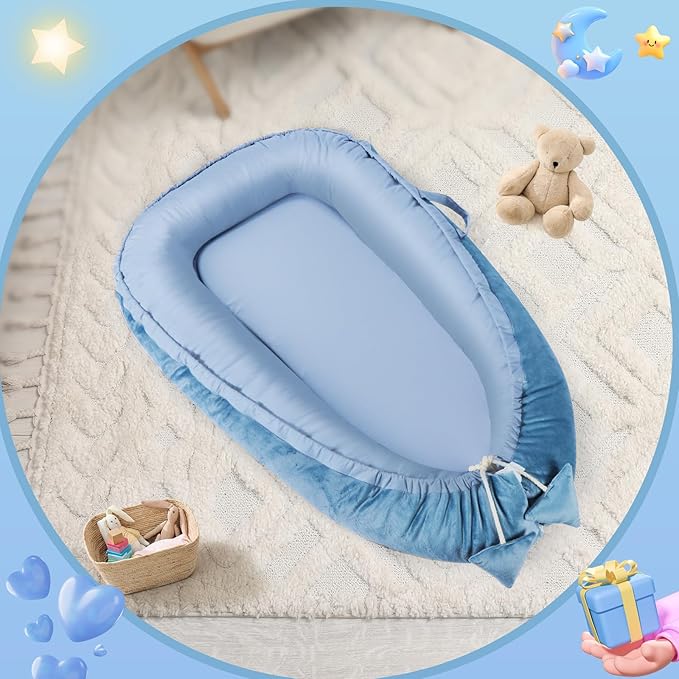 Baby Lounger - Baby Lounger for Newborn 0-24 Months, Breathable & Soft Cotton and Velvet Cover Baby Nest, Portable Tummy Time Lounger for Home and Travel, Ideal Baby Essentials & Shower Gifts-CubbioJoy