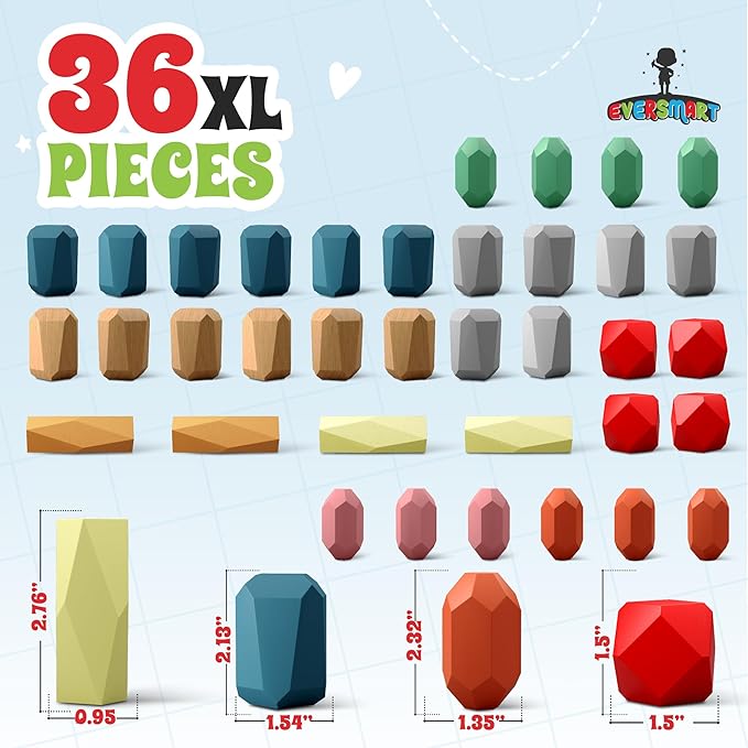 36 Pcs Wooden Stacking Blocks – Montessori Toys for 1 2 3 4 5 6 Year Old Toddlers and Kids, XL Rocks, No Choking Hazard – Sensory STEM Building Stones, for Girls and Boys-CubbioJoy