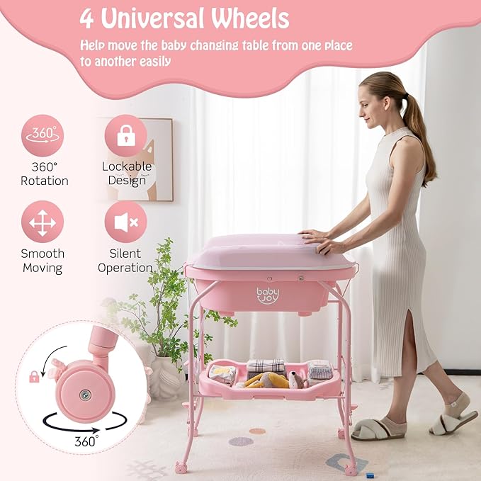 BABY JOY Baby Bathtub with Changing Table, Foldable Infant Diaper Changing Station with Storage Tray, Waterproof Pad, Portable Newborn Nursery Organizer Bath Stand with 4 Universal Wheels (Pink)-CubbioJoy