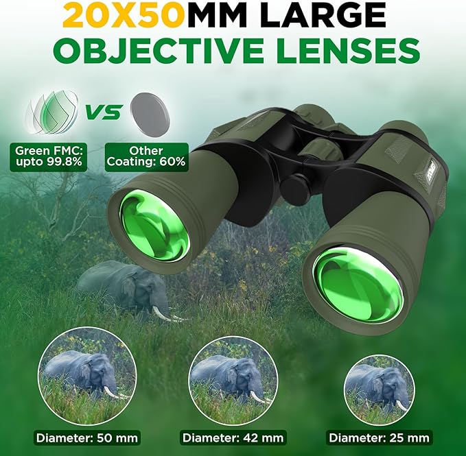 Binoculars with Phone Bracket Adapter, Militar, 20x50, Adults, High Power Waterproof with Low Light Night Vision for Hunting, Travel, Games, Bird, Carrying Case Strap.-CubbioJoy
