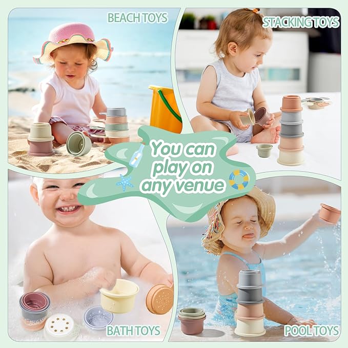 Baby Bath Toys for Kids Ages 1-3, 14 PCS Mold Free Bath Toys for Toddler with Stacking Cups & Bath Spoons, Bathtub Water Toys for Babies 6-12 Months Early Learning Educational Gifts-CubbioJoy