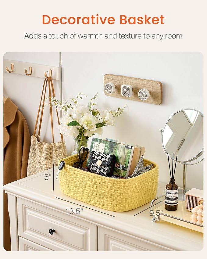 KALLAX Small Woven Basket, 13.5 x 9.5 x 5 Inches, Storage Basket for Organizing, Cute Small Rope Shelf Closet Cube Storage Bins Baskets for Shelves, Dog Toy Gift Baskets Empty, 3 Pack Yellow-CubbioJoy