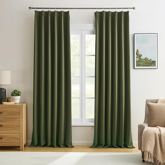 KEQIAOSUOCAI Olive Pinch Pleated Curtains 120 Inches Long, Blackout Dark Out Curtain for Living Dining Room Light Blocking Window Draperies(Dark Olive,40x120,2 Panels)-CubbioJoy