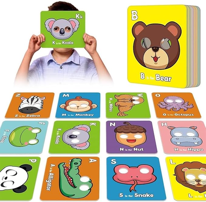 Alphabet ABC Flash Cards with Animal Masks, 26 Pcs Animal mask Alphabet Cards, Interactive Education Games, Learn Letters, English Phrases(Colorful)-CubbioJoy