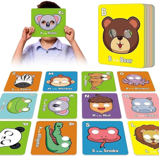 Alphabet ABC Flash Cards with Animal Masks, 26 Pcs Animal mask Alphabet Cards, Interactive Education Games, Learn Letters, English Phrases(Colorful)-CubbioJoy