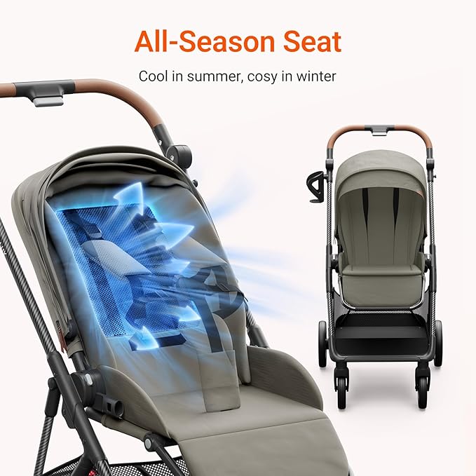 Air Lux Baby Stroller with Carbon Fiber Frame, One-Hand Fold & Reversible Seat, Magnetic 5-Pt Harness, Car Seat Adapter, 15.8lbs, Vetiver-CubbioJoy