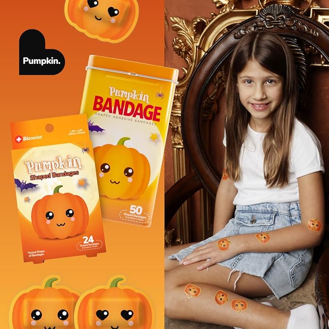 BioSwiss Bandages, Halloween Pumpkin Shaped Self Adhesive Bandage, Latex Free Sterile Wound Care, Fun First Aid Kit Supplies for Kids, 50 Count-CubbioJoy