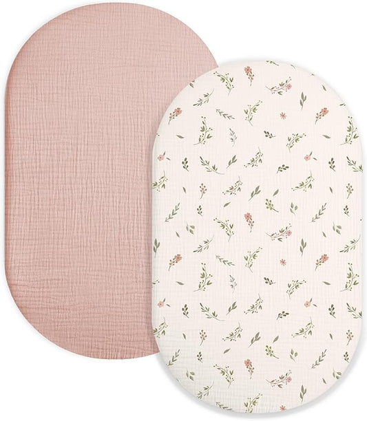 Bassinet Sheet for Baby Boy Girl 2 Pack, Fitted Sheets for Rectangle, Oval, Hourglass Bassinet Mattress, Muslin Moses Basket Sheets (Petal Leaf & Pink, Bassinet Sheet)-CubbioJoy