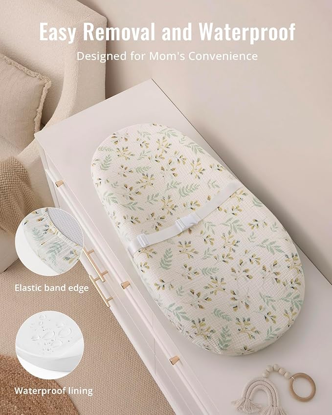 Blissful Diary Muslin Baby Changing Pad with Waterproof Lining Foam, Baby Changing Table Pad with Cover for Dressers (Botanical Leaf, Avocado)-CubbioJoy