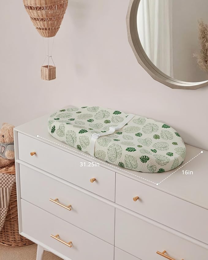 Blissful Diary Muslin Baby Changing Pad with Waterproof Lining Foam, Diaper Changing Table Pad with Cover for Dressers (Monstera, Avocado)-CubbioJoy