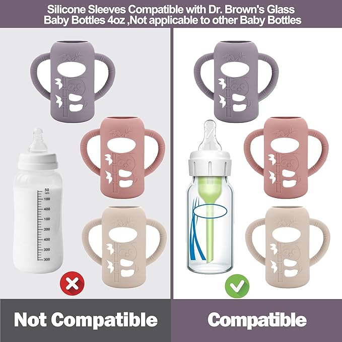 BUSOHA 3 Pack Silicone Sleeves for Dr. Brown's Glass Baby Bottles - Drop Protection Baby Bottle Sleeves,Compatible with Dr. Brown's Newborn Glass Bottles,with Silicone Handles,4 oz-CubbioJoy