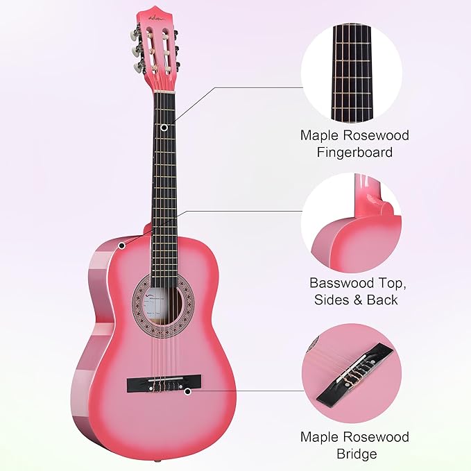 ADM Beginner Acoustic Classical Guitar 36 Inch Nylon Strings Wooden Guitar Bundle Kit for Kid Boy Girl Student Youth Guitarra Online Lessons with Gig Bag, Strap, Tuner, Strings, Picks, Pink-CubbioJoy