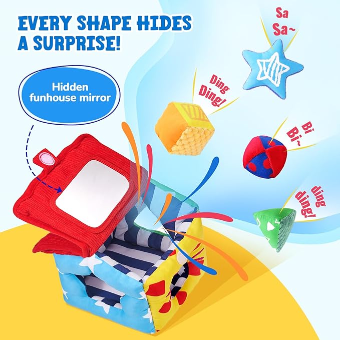 JoyCat Infant Toys 6-12 Months, Soft Sensory Toy with 4 Fabric Shapes, Baby Learning Shape Sorter for 3 4 5 6 7 8 9 10 11 12-18 Months, Baby Shower Birthday Gift Boy Girl-CubbioJoy