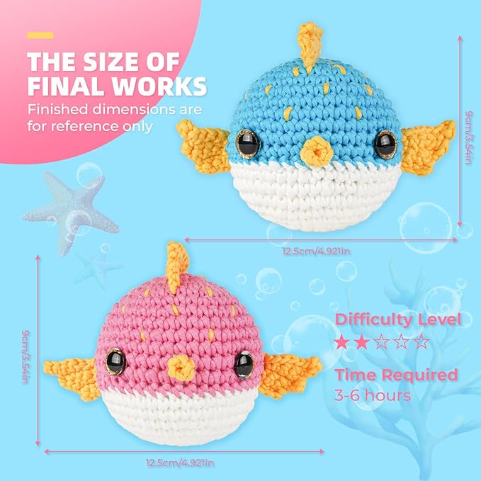Crochet Kit for Beginners, Learn to Crochet, Include Easy Knitting Soft Yarn, Step-by-Step Video Tutorial, Hook, Holiday Birthday Gift for Adults and Kids(2 Pack Blowfish)-CubbioJoy