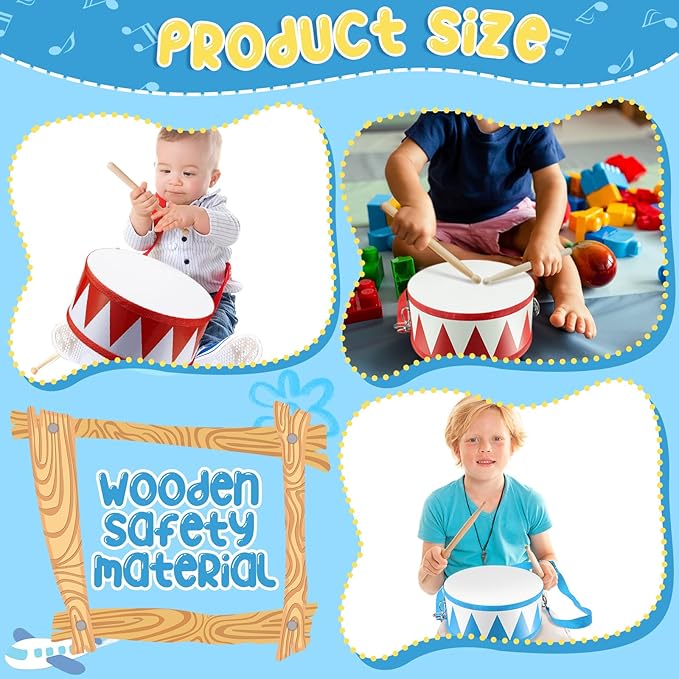 Boao 4 Pcs Kids Drum Set, 8 Inch Toddler Drum Wooden Toy with Adjustable Strap and 4 Drumsticks, Educational Sensory Musical Instrument for Toddlers Kid Baby Boys Girls Gift (Flag)-CubbioJoy