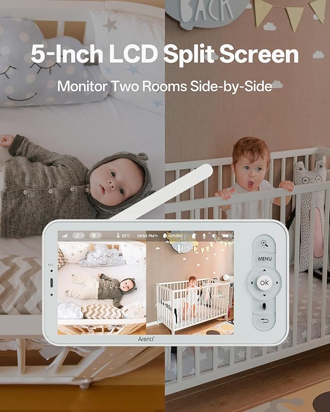 ARENTI Baby Monitor with 2 Cameras, Cry&Motion Detection, 2K Smart Baby Camera with 5'' Upgraded Wireless Display, 2 Way Audio, Super Night Vision, Lullabies, Breathing Light, Temp&Humidity Sensor-CubbioJoy